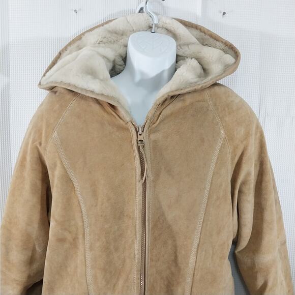 WINLIT! LUXE FAWN BEIGE/TAN GENUINE SUEDE LEATHER SHERPA, HOODIE COAT! SZ M - Picture 5 of 16